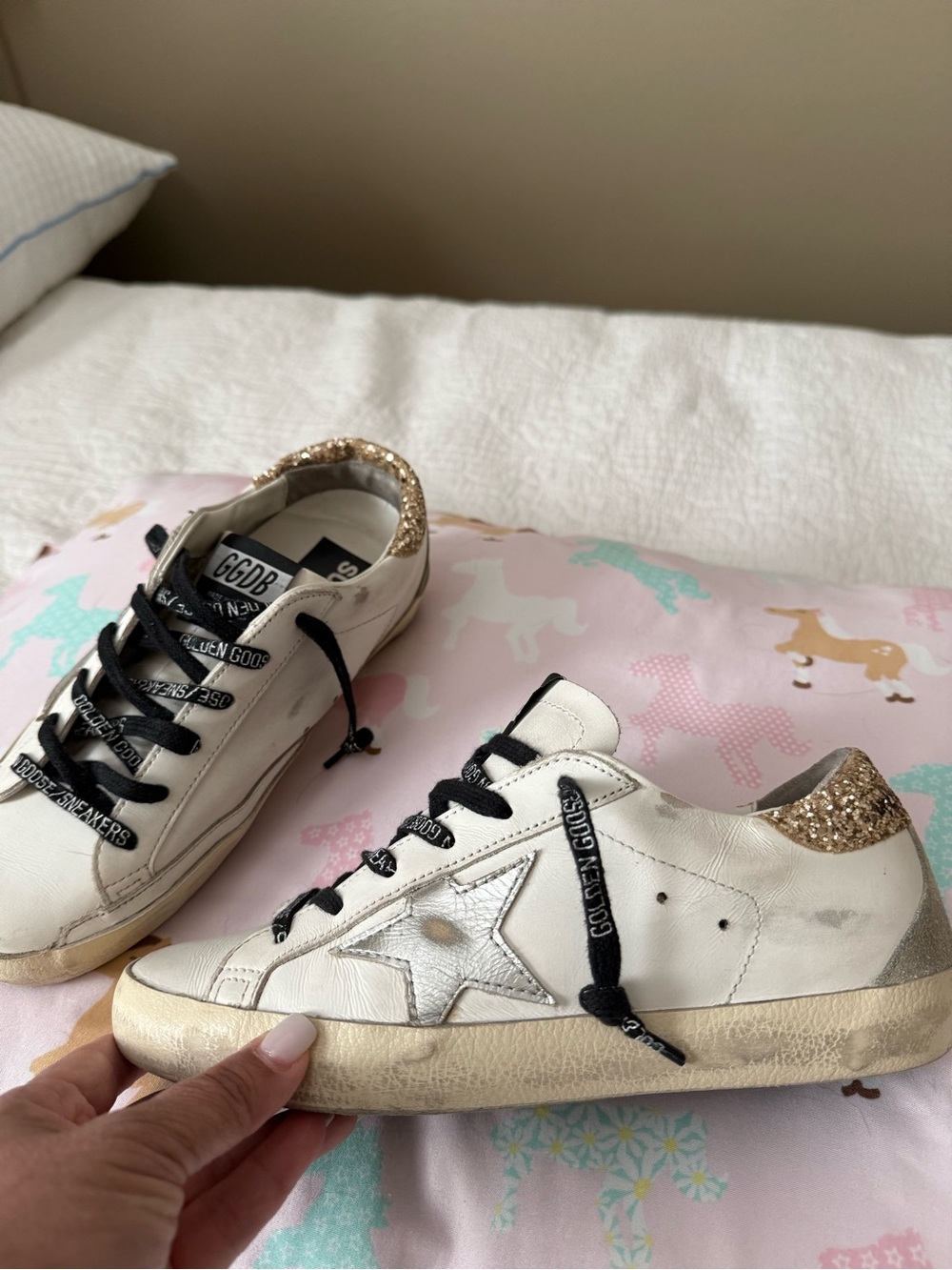 Golden Goose Women’s White Leather Sneakers with Silver Star and Gold Glitter He